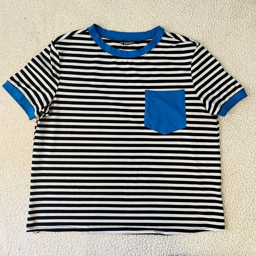 Shein Short Sleeve Shirt Stripped White & Black Women L Artsy Preppy Skater